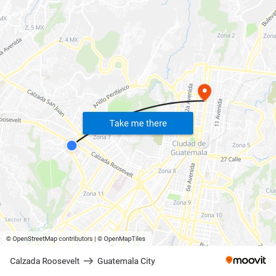 Calzada Roosevelt to Guatemala City map