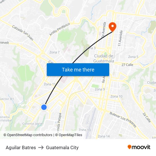 Aguilar Batres to Guatemala City map