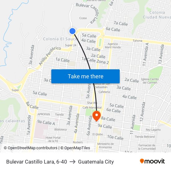 Bulevar Castillo Lara, 6-40 to Guatemala City map