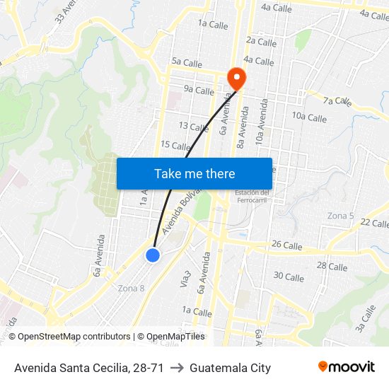 Avenida Santa Cecilia, 28-71 to Guatemala City map