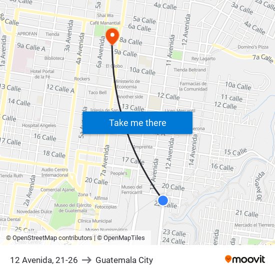 12 Avenida, 21-26 to Guatemala City map
