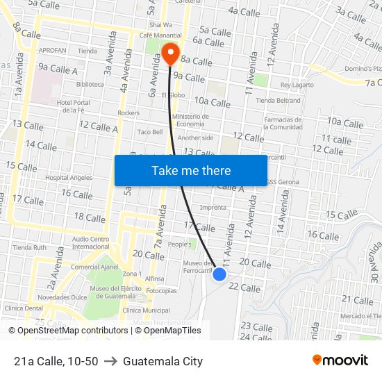 21a Calle, 10-50 to Guatemala City map