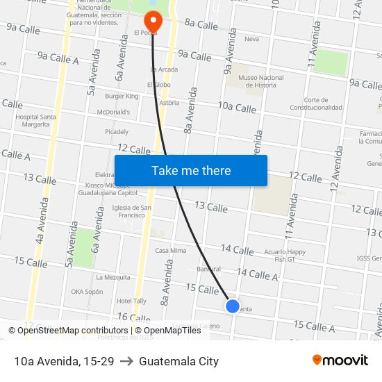 10a Avenida, 15-29 to Guatemala City map