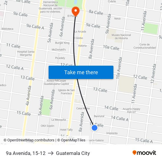 9a Avenida, 15-12 to Guatemala City map