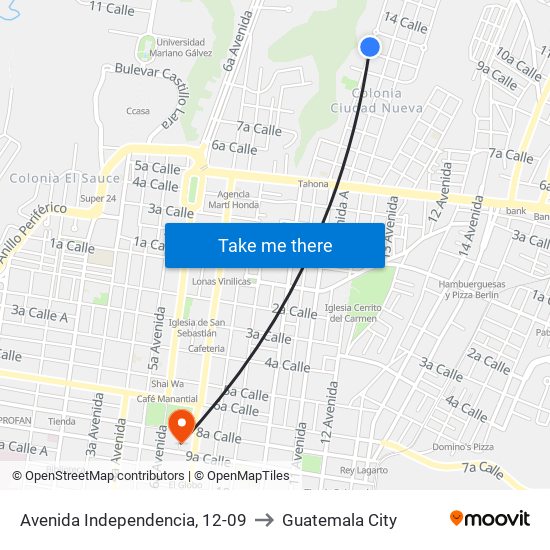Avenida Independencia, 12-09 to Guatemala City map