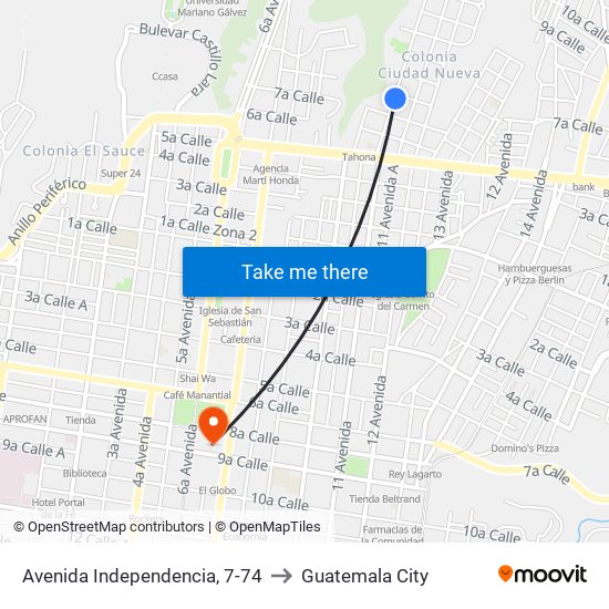 Avenida Independencia, 7-74 to Guatemala City map