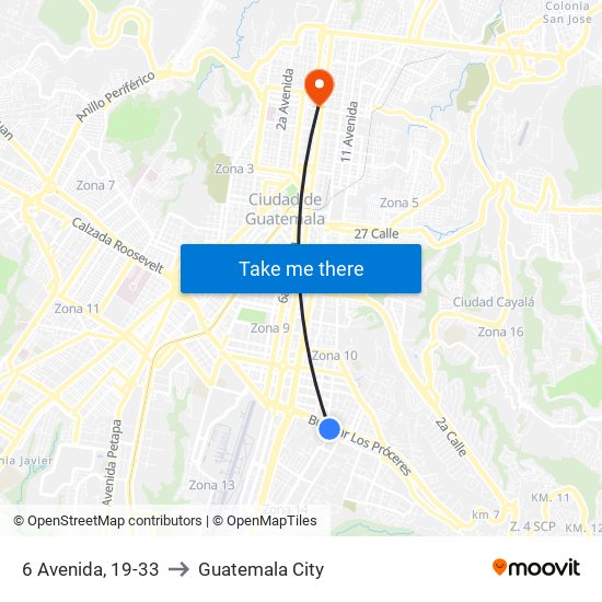 6 Avenida, 19-33 to Guatemala City map