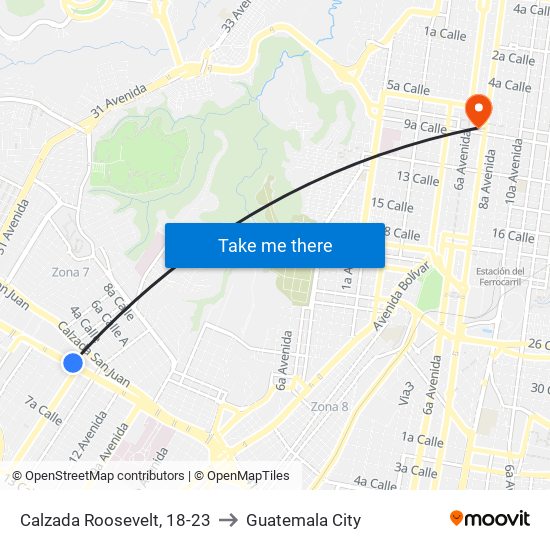 Calzada Roosevelt, 18-23 to Guatemala City map