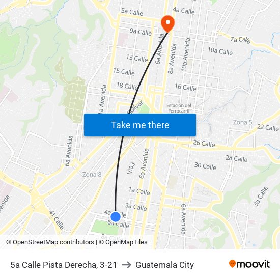 5a Calle Pista Derecha, 3-21 to Guatemala City map