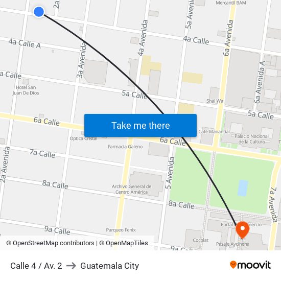 Calle 4 / Av. 2 to Guatemala City map