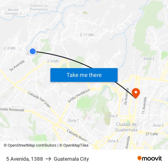 5 Avenida, 1388 to Guatemala City map