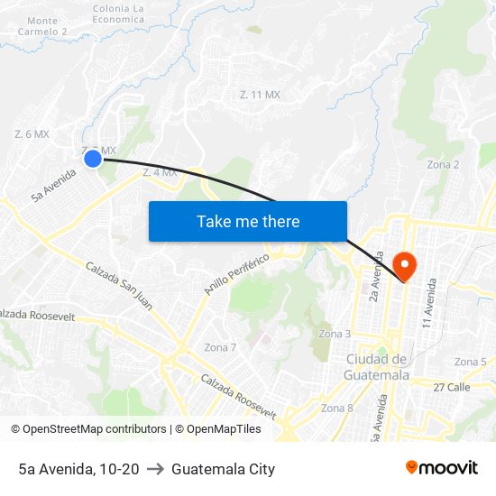 5a Avenida, 10-20 to Guatemala City map