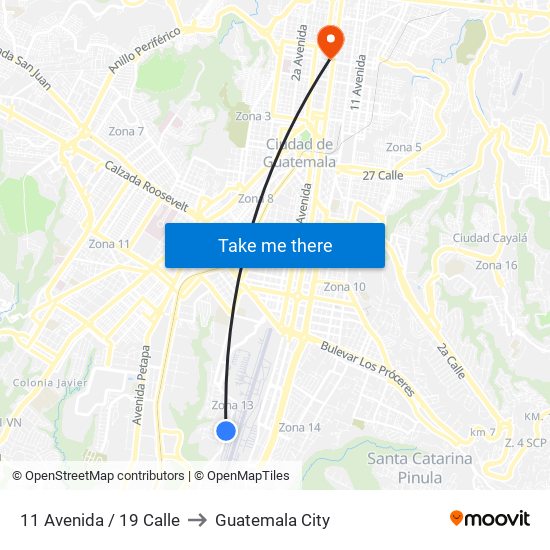 11 Avenida / 19 Calle to Guatemala City map