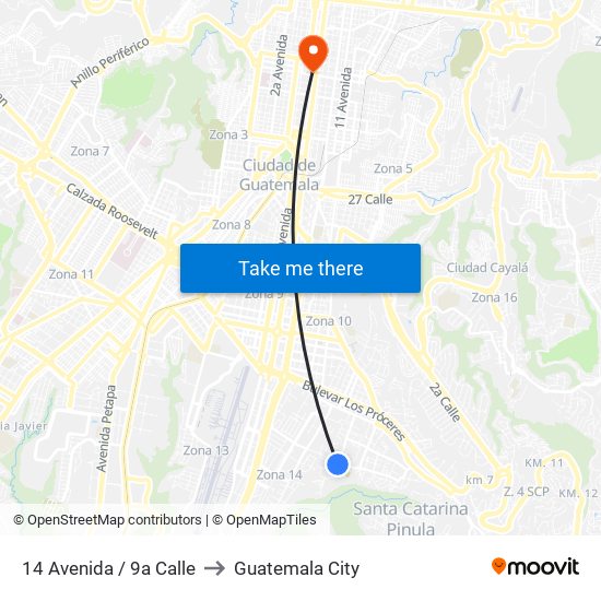 14 Avenida / 9a Calle to Guatemala City map