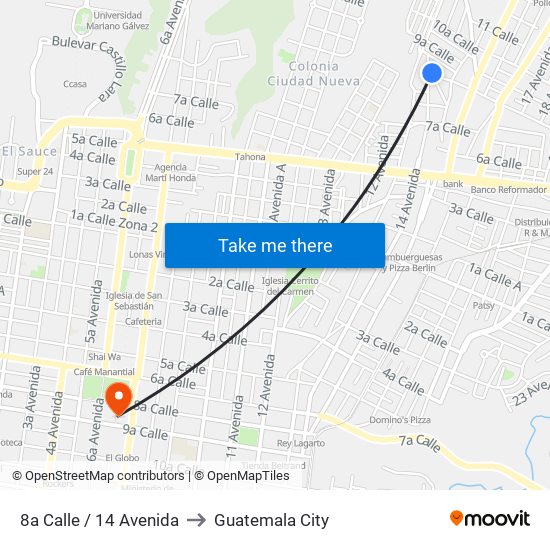 8a Calle / 14 Avenida to Guatemala City map