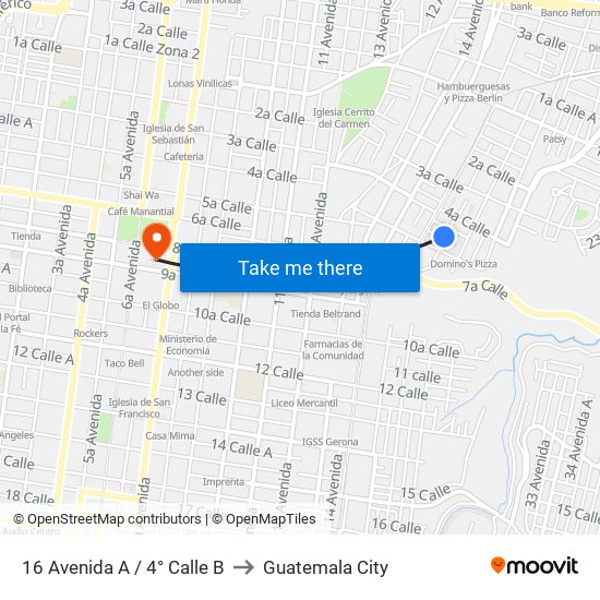 16 Avenida A / 4° Calle B to Guatemala City map