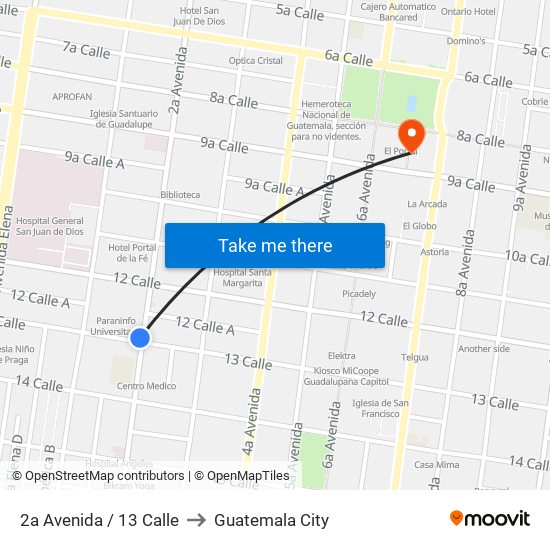 2a Avenida / 13 Calle to Guatemala City map