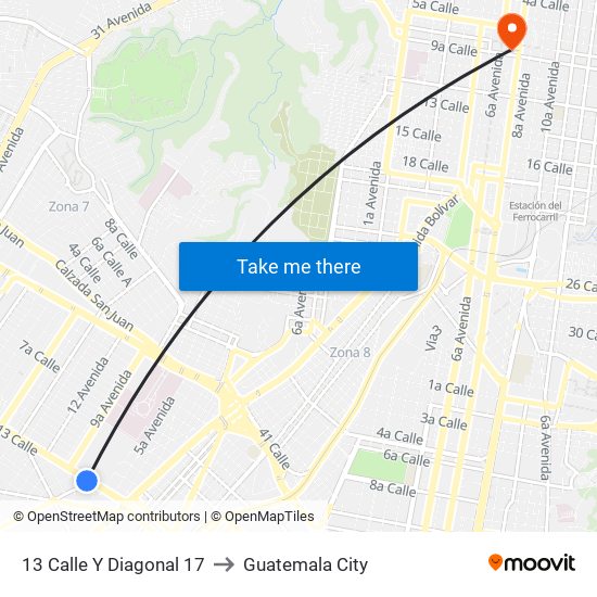 13 Calle Y Diagonal 17 to Guatemala City map