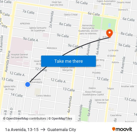 1a Avenida, 13-15 to Guatemala City map