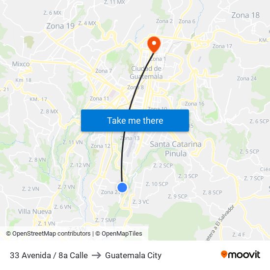 33 Avenida / 8a Calle to Guatemala City map