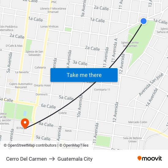 Cerro Del Carmen to Guatemala City map