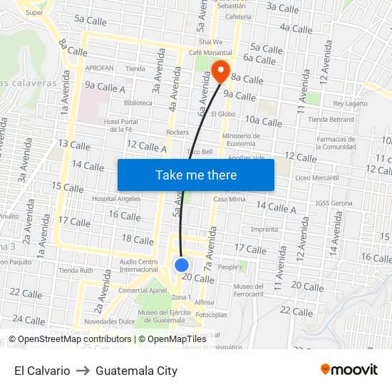 El Calvario to Guatemala City map