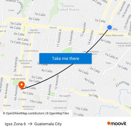 Igss Zona 6 to Guatemala City map