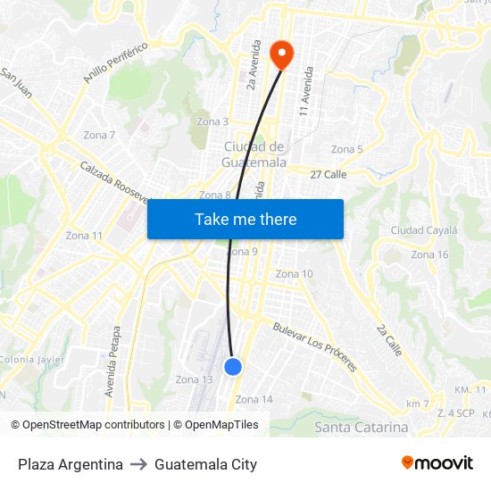 Plaza Argentina to Guatemala City map