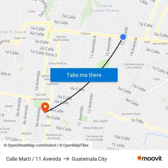 Calle Martí / 11 Avenida to Guatemala City map