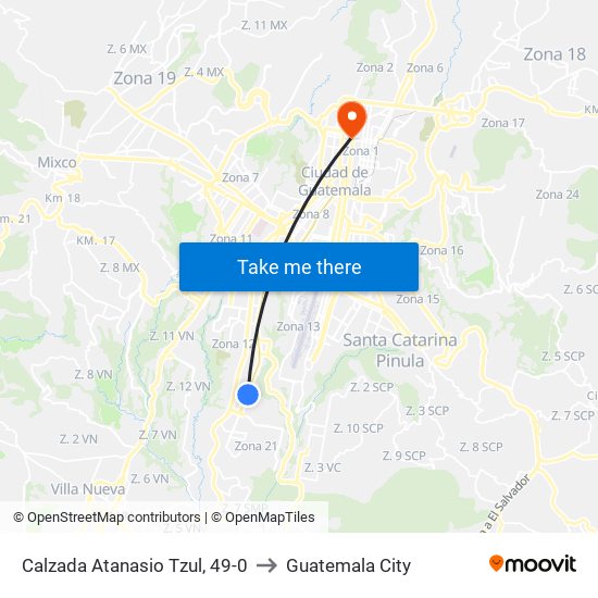 Calzada Atanasio Tzul, 49-0 to Guatemala City map