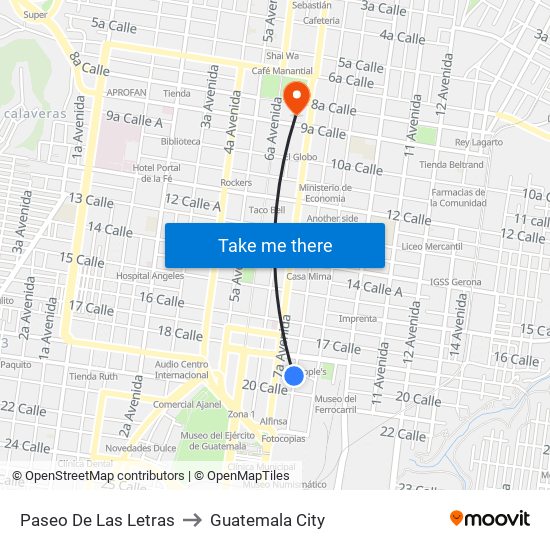 Paseo De Las Letras to Guatemala City map