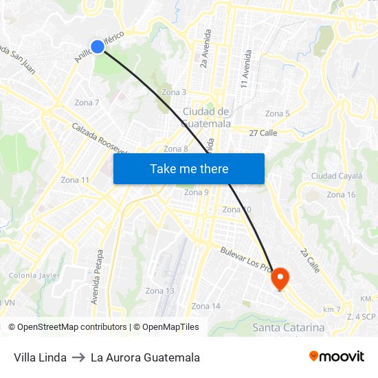 Villa Linda to La Aurora Guatemala map