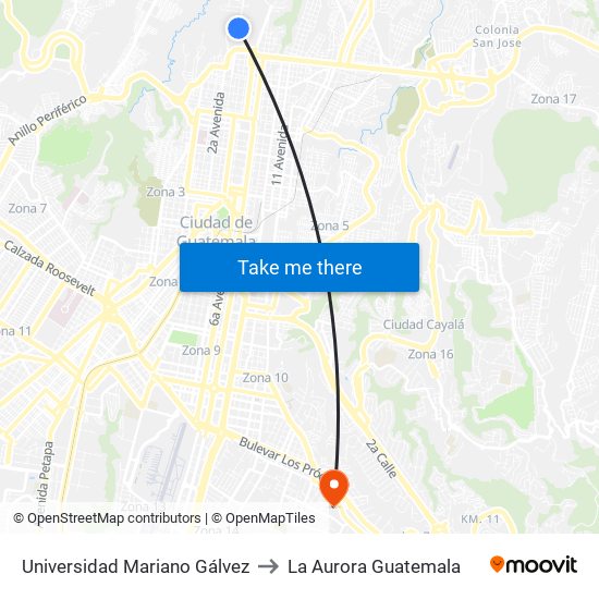 Universidad Mariano Gálvez to La Aurora Guatemala map