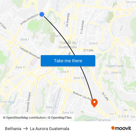 Bethania to La Aurora Guatemala map