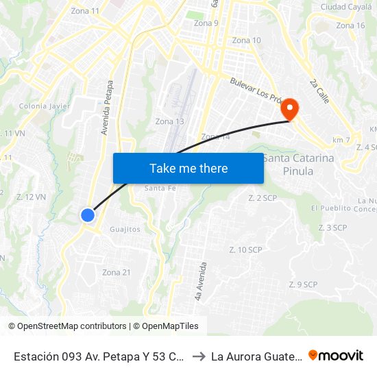 Estación 093 Av. Petapa Y 53 Calle Z.12 to La Aurora Guatemala map