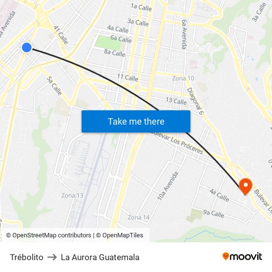 Trébolito to La Aurora Guatemala map