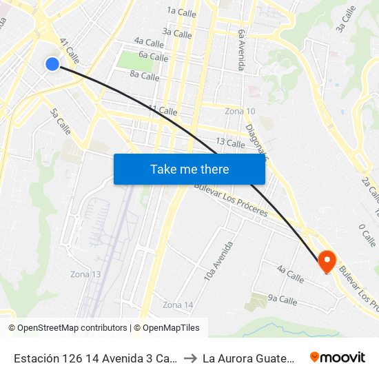 Estación 126 14 Avenida 3 Calle II to La Aurora Guatemala map