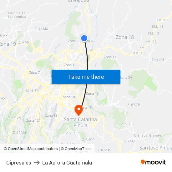 Cipresales to La Aurora Guatemala map