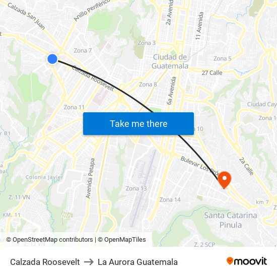 Calzada Roosevelt to La Aurora Guatemala map