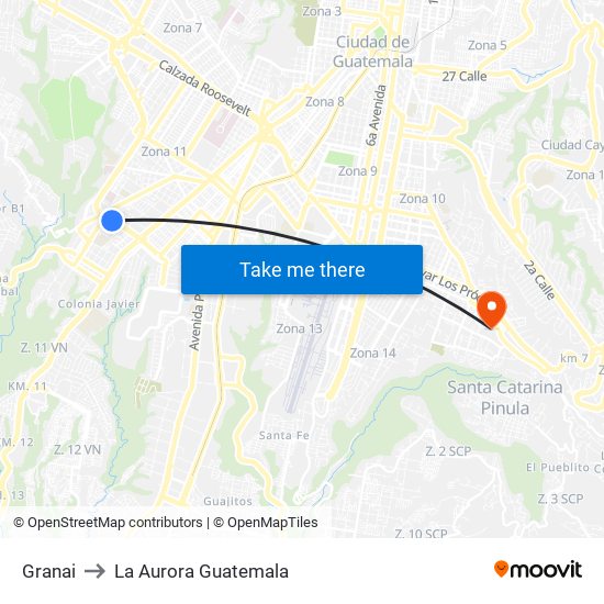 Granai to La Aurora Guatemala map