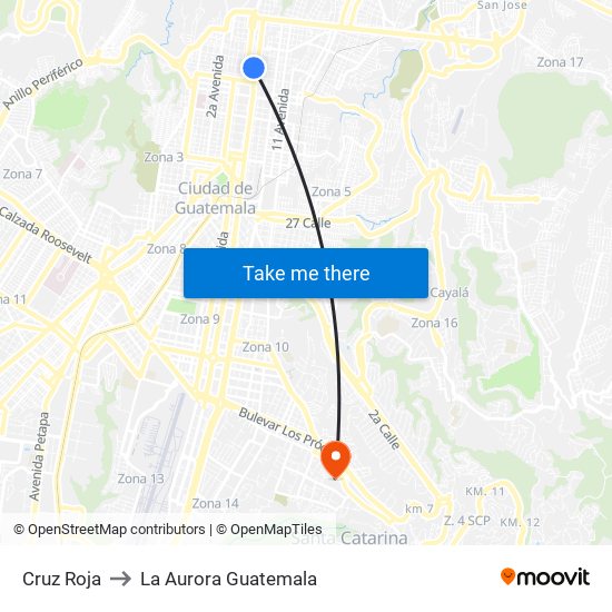 Cruz Roja to La Aurora Guatemala map