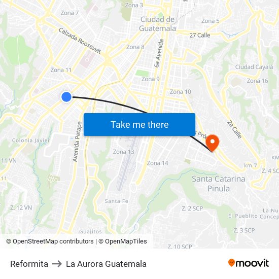 Reformita to La Aurora Guatemala map