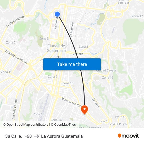 3a Calle, 1-68 to La Aurora Guatemala map