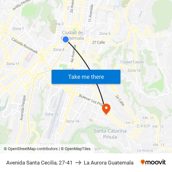 Avenida Santa Cecilia, 27-41 to La Aurora Guatemala map