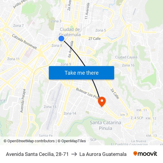 Avenida Santa Cecilia, 28-71 to La Aurora Guatemala map