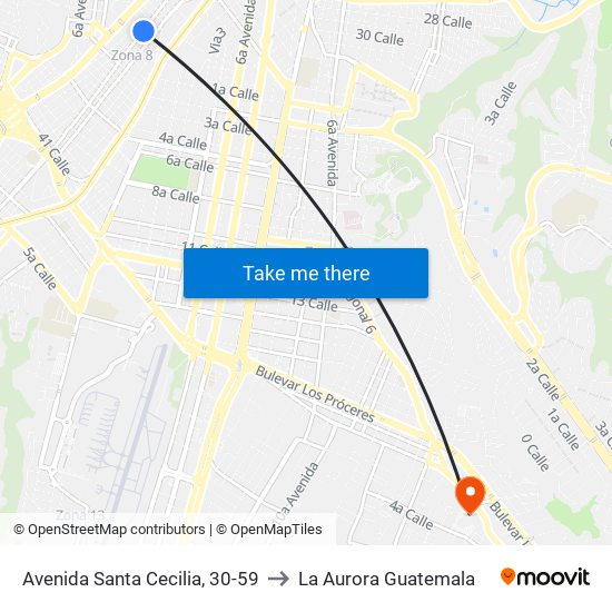 Avenida Santa Cecilia, 30-59 to La Aurora Guatemala map