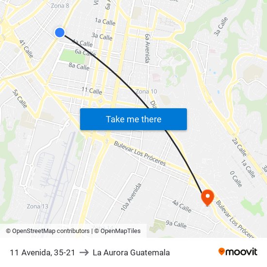11 Avenida, 35-21 to La Aurora Guatemala map