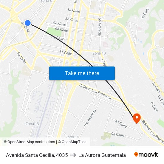 Avenida Santa Cecilia, 4035 to La Aurora Guatemala map