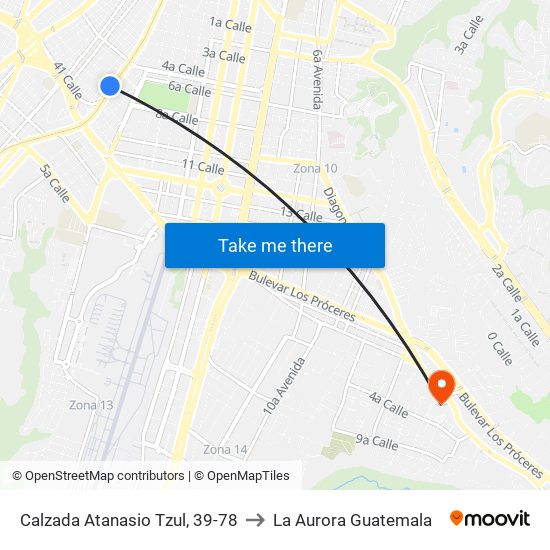 Calzada Atanasio Tzul, 39-78 to La Aurora Guatemala map