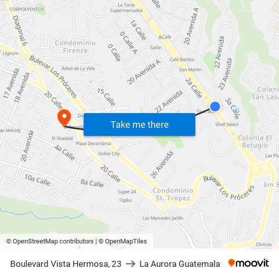 Boulevard Vista Hermosa, 23 to La Aurora Guatemala map